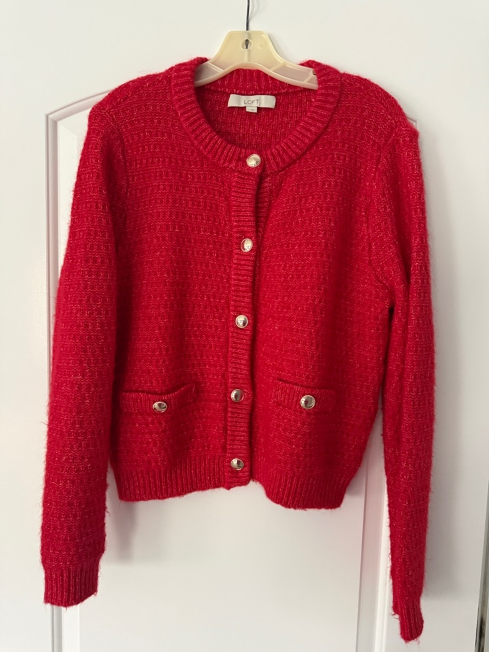 LOFT Red Button-Front Knit Cardigan